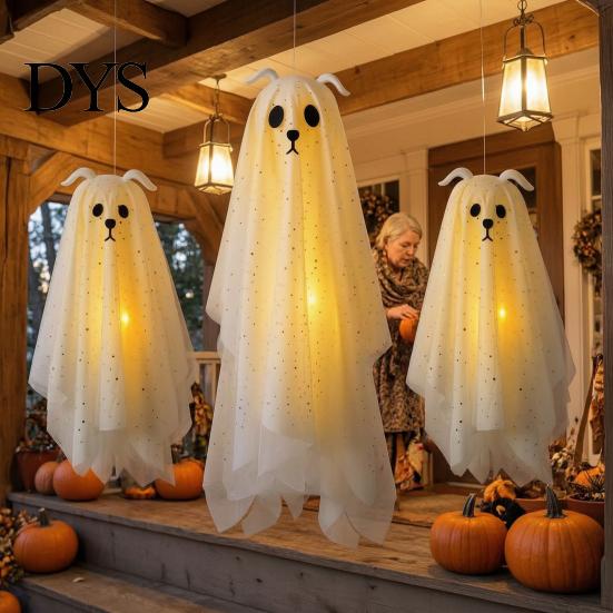 Haunted House Party Supplies 3 Pcs Lighted Dog Ghost Hanging Ornaments, Spooky Halloween Outdoor Flying Decorative for Dorm Room Gauze with LED Light