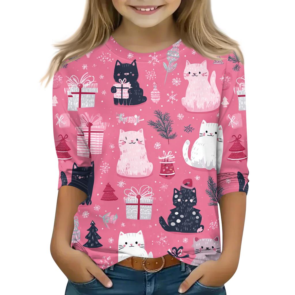Children's 3/4 Sleeve Round Neck Top Christmas Tree Printed Everyday Casual Top