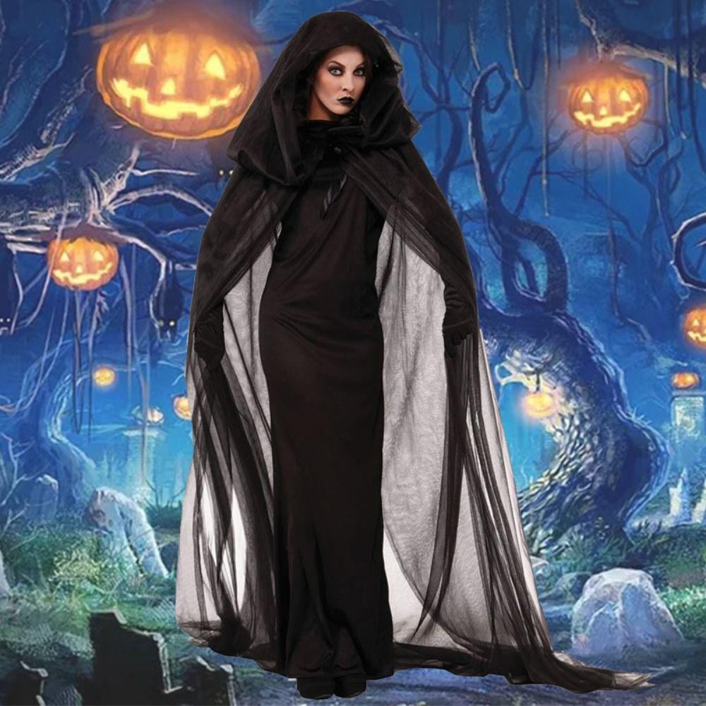 Dress Up Mesh Ghost Cloak Transparent Hooded Cloak Fashion Women Halloween Costume Children