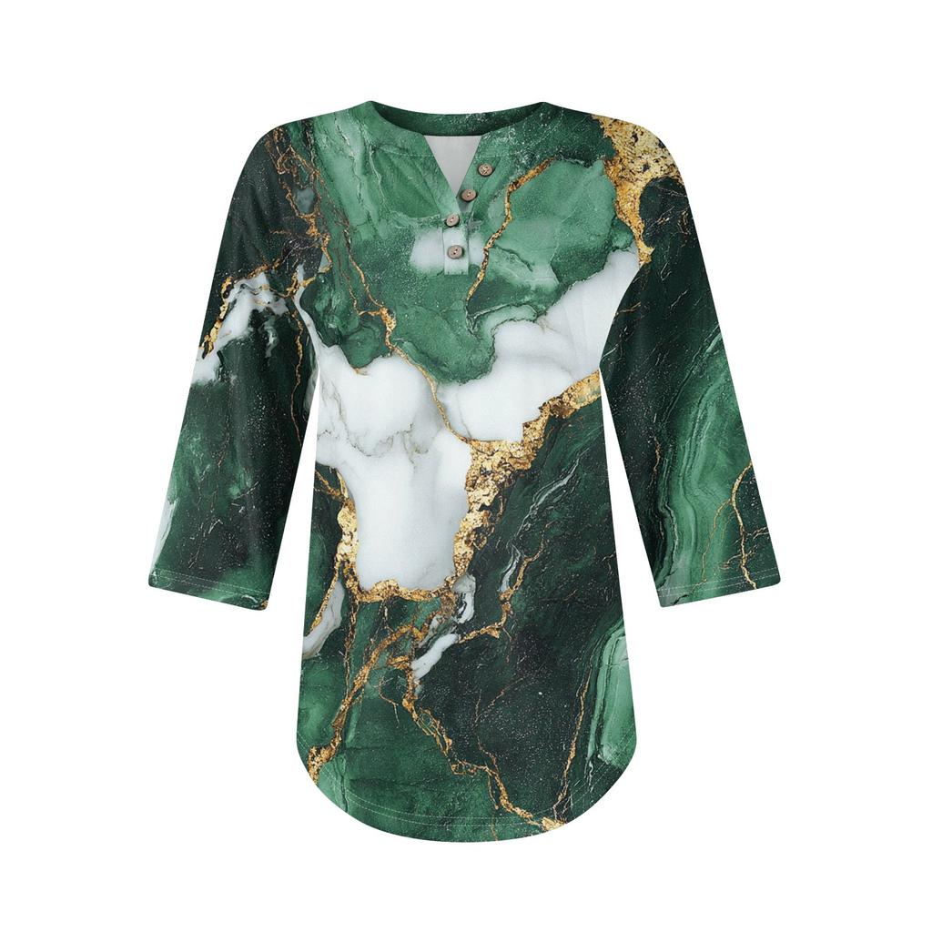 3/4 Length Sleeve Womens Tops Summer T-Shirts Floral Print V Neck Casual Basic Tee Button Shirts Tunic Tops