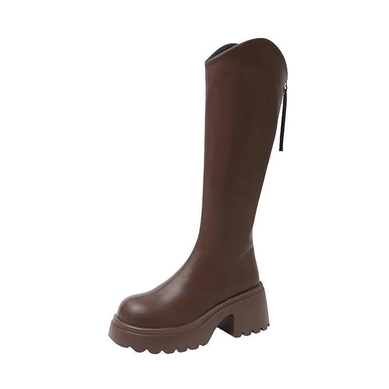 Новые женские сапоги с молнией сзади на толстой подошве на каблуке, простые осенне-зимние сапоги длиной до колена