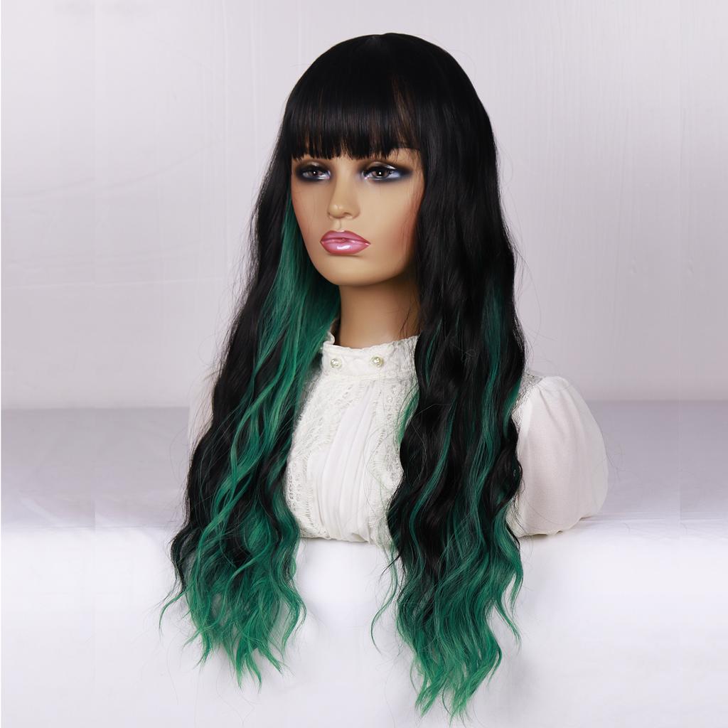 MERISIHAIR Green Wig with Bangs Blue Color Wig Wet and Wavy Long Loose Curly Wave Synthetic Heat Resistant Fiber Black Ombre Green Hair Wig for Women