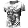 Retro Viking Tattoo 3D Print Men's T-shirts Summer Viking Odin Crew Neck Loose Short Sleeve Casual Tops Tees Oversized T Shirts