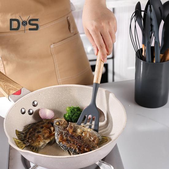 12 шт. силиконовый кухонный набор, лопатка, ложка, антипригарная жаропрочная кухонная утварь с деревянными ручками, ведро для хранения всей кухонной утвари
