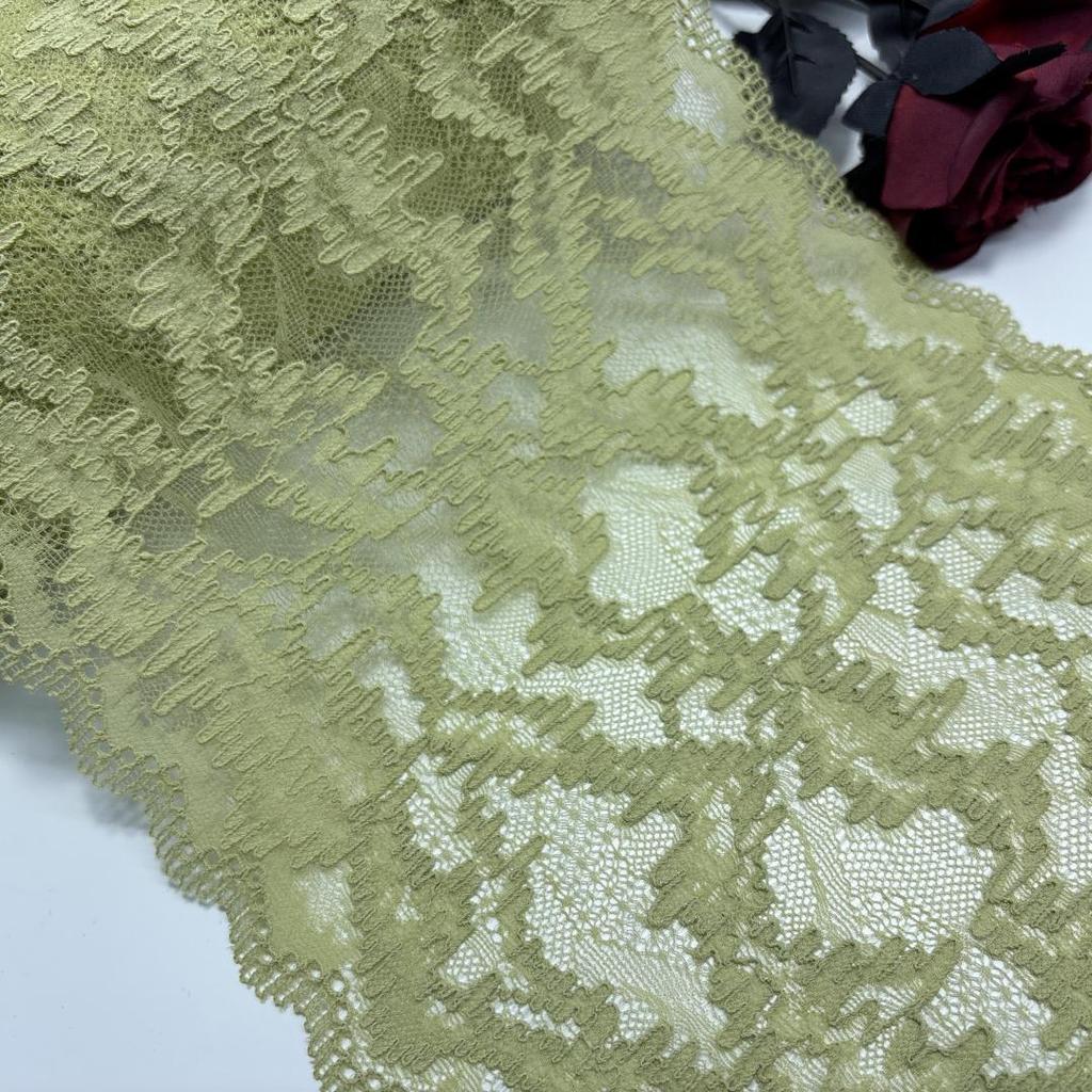 ( 2 Colors ) Elastic Lace, 22.5cm wide Olive Green Stretch Elastane Lace Trim for Lingerie, Bra, Underwear, Dress, Garment, Sewing & Crafting