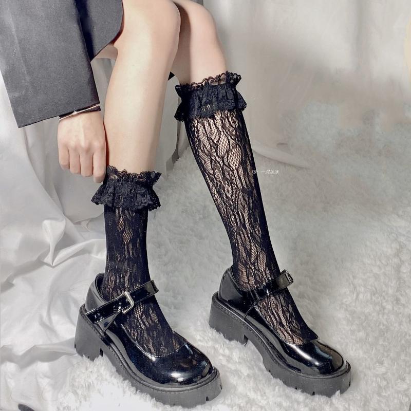 Лолита JK Кружевные сетчатые чулки для женщин с бантом, ажурные, мягкие, милые, гольфы до икр в стиле лолиты, балетные гольфы выше колена