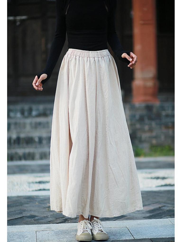 Retro Literary Burnout Cotton Linen Elastic Waist Midi Skirt - Autumn/Winter