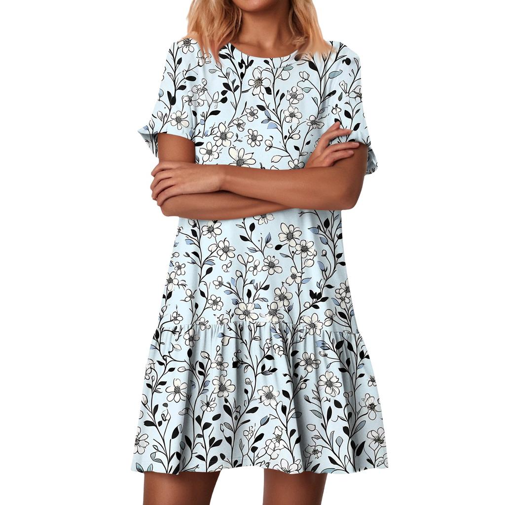 Женские модные повседневные платья с круглым вырезом и коротким рукавом с оборками и винтажным принтом