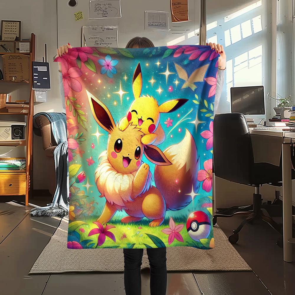 Pikachu and Eevee Print Flannel Blanket, High quality Comfortable for All Seasons, Home Decor, Warmth and Comfort