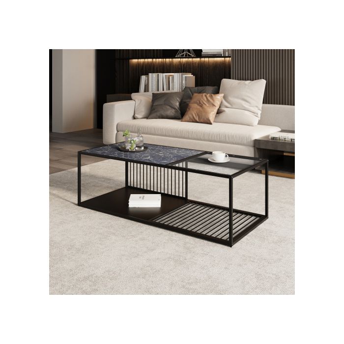 Table basse - MUVOE - Fer forgé - Verre trempé - Rangement intégré - Design contemporain