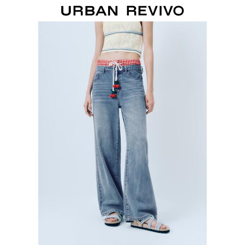 UR Women's Patchwork Plaid Cherry Denim Long Pants