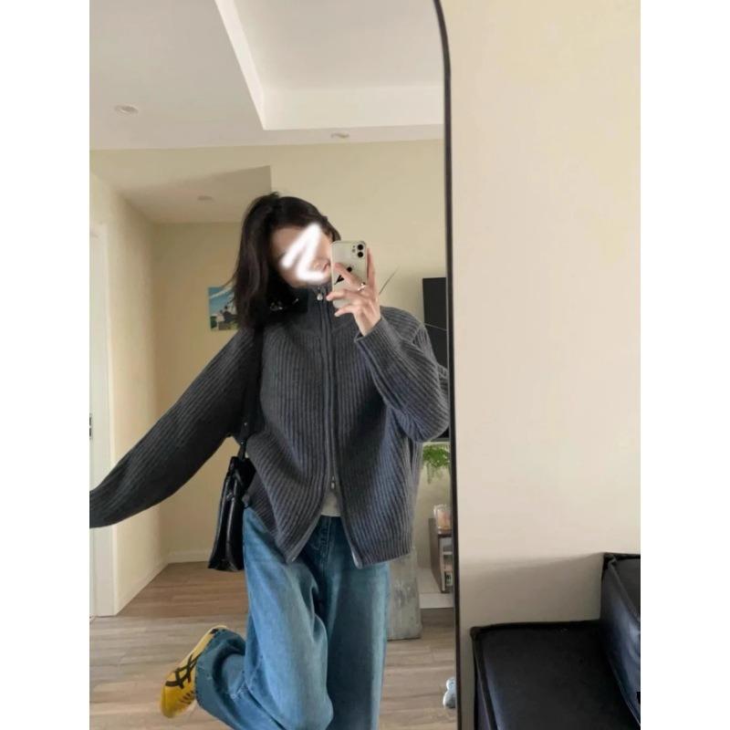 Вязаный кардиган на двойной молнии для женской осени и зимы, мягкий восковой свитер в рубчик, топ с высоким воротником, куртка