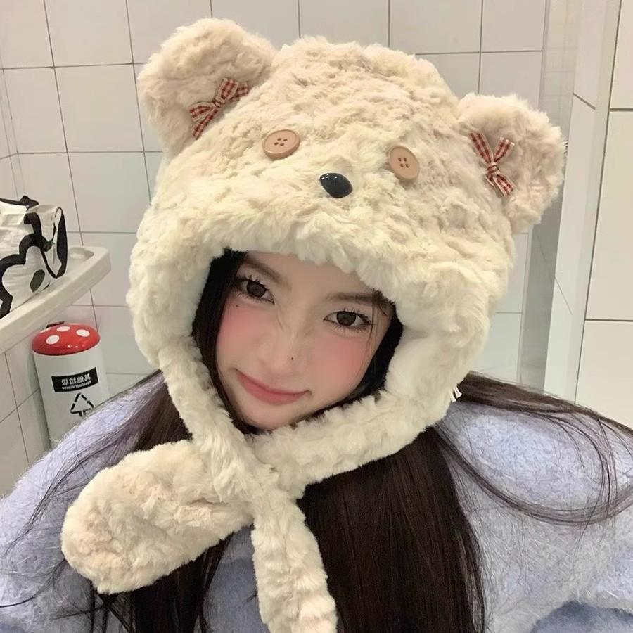 Cartoon Bear Plush Hat Autumn and Winter Scarf Hat Integrated Thickened Windproof Warm Scarf