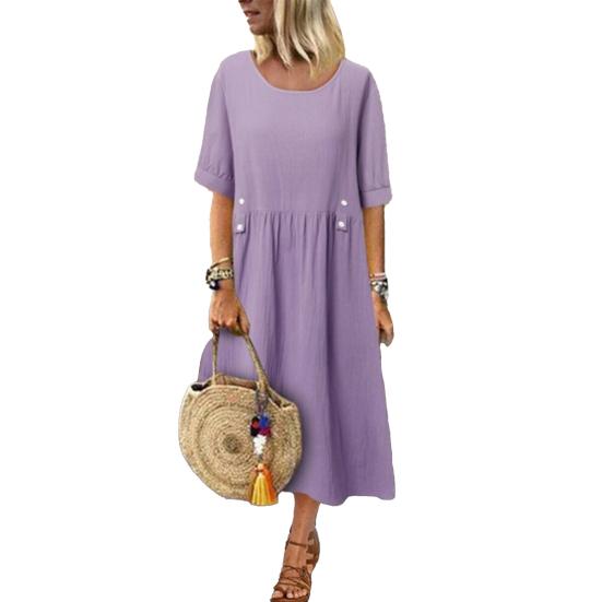 Женское платье свободного покроя средней длины с двойными карманами, украшение на пуговицах, круглый вырез, короткий рукав, летнее платье в стиле бохо, рабочая одежда
