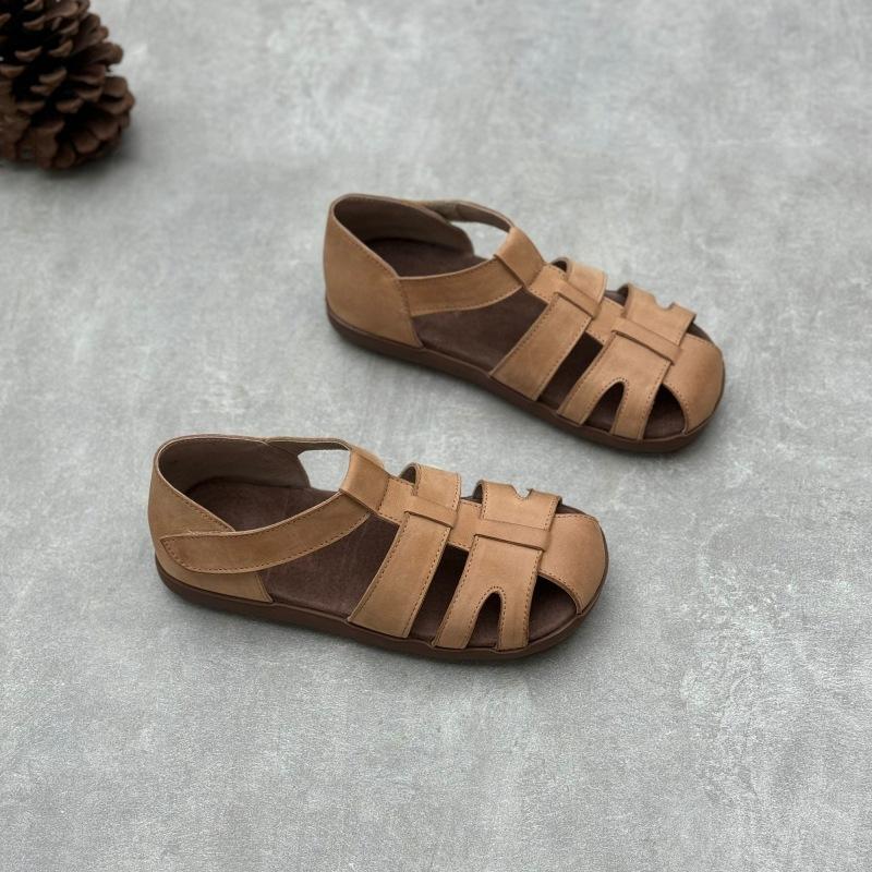 Johnature Сандалии на плоской подошве из натуральной кожи. Однотонная женская обувь ручной работы из тканой воловьей кожи в стиле ретро на мягкой подошве.