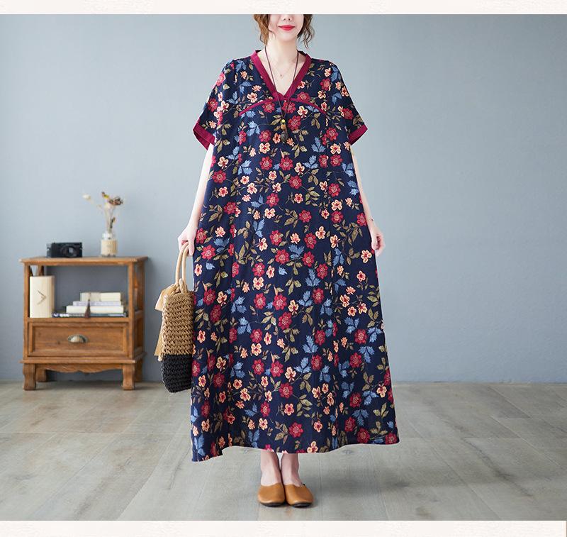 Летнее хлопковое льняное платье свободного покроя в стиле ретро с V-образным вырезом и короткими рукавами, утягивающее средней длины для женщин, платья