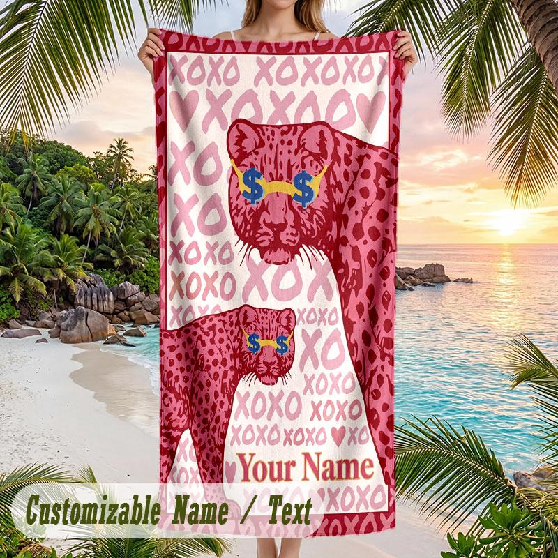 Pink Daisy Floral Card Theme Quick Dry Beach Towel Custom Name Text Print Large Sand Resistant Towel Beach Vacation