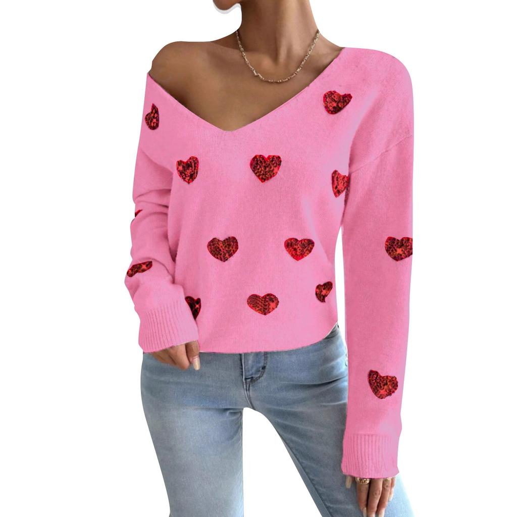 Women V Neck Long Sleeve Sequin Heart Print Knit Sweater Loose Fit Valentine Pullover Top