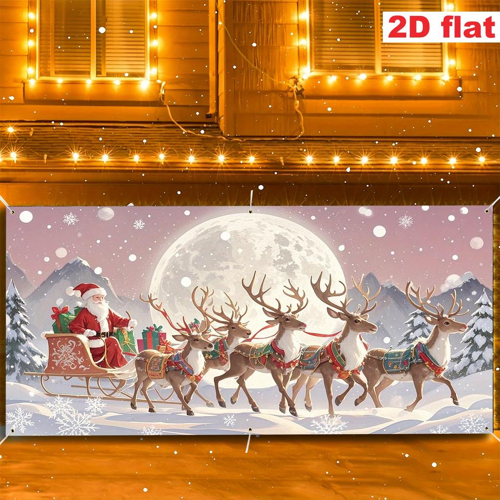 1 oversized Christmas party banner - Santa Claus, reindeer sled, and snow scenery decoration, suitable for Christmas Eve