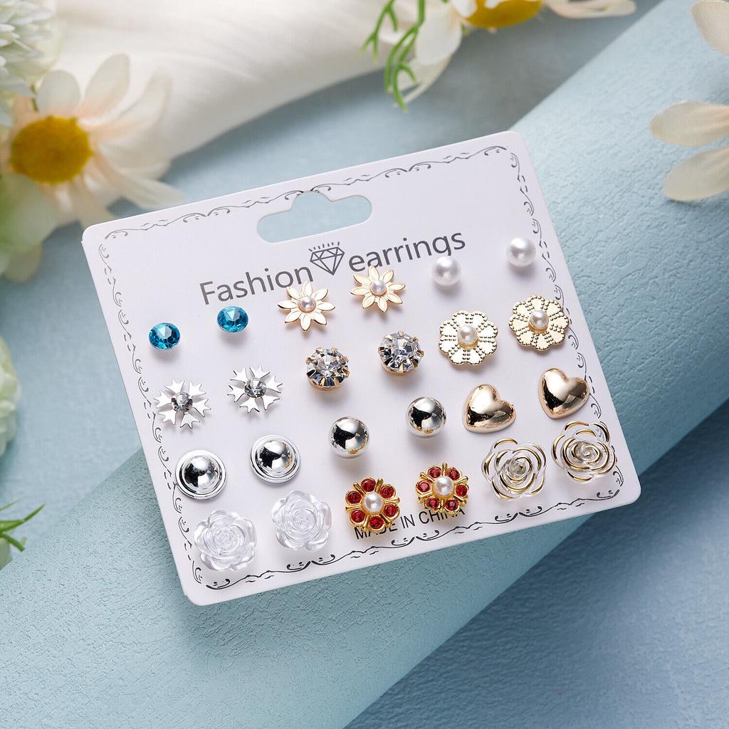 12 Pairs Earrings Set Stud Crystal Pearl Butterfly Flower Heart Women Jewelry