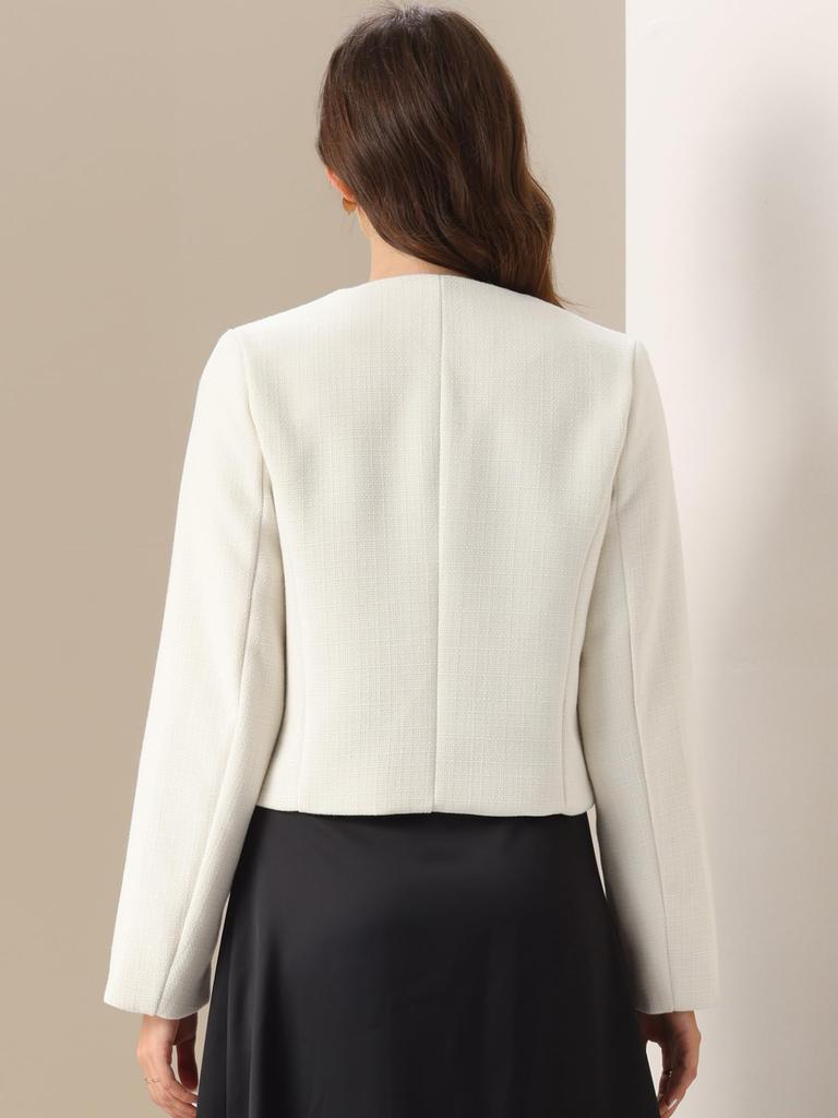 Женский укороченный твидовый жакет Allegra K, длинный рукав, застежка на пуговицы, осень/зима, для поездок на работу, деловой блейзер, белый, размер M