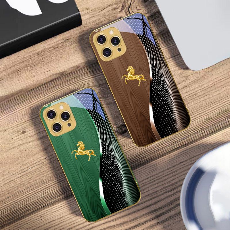Деревянная текстура Золотая Лошадь Для iPhone 16 Pro Max 15 P ro 14 13 Plus 12 Mini 11Pro Max XS Max XR Золотой чехол для телефона из закаленного стекла