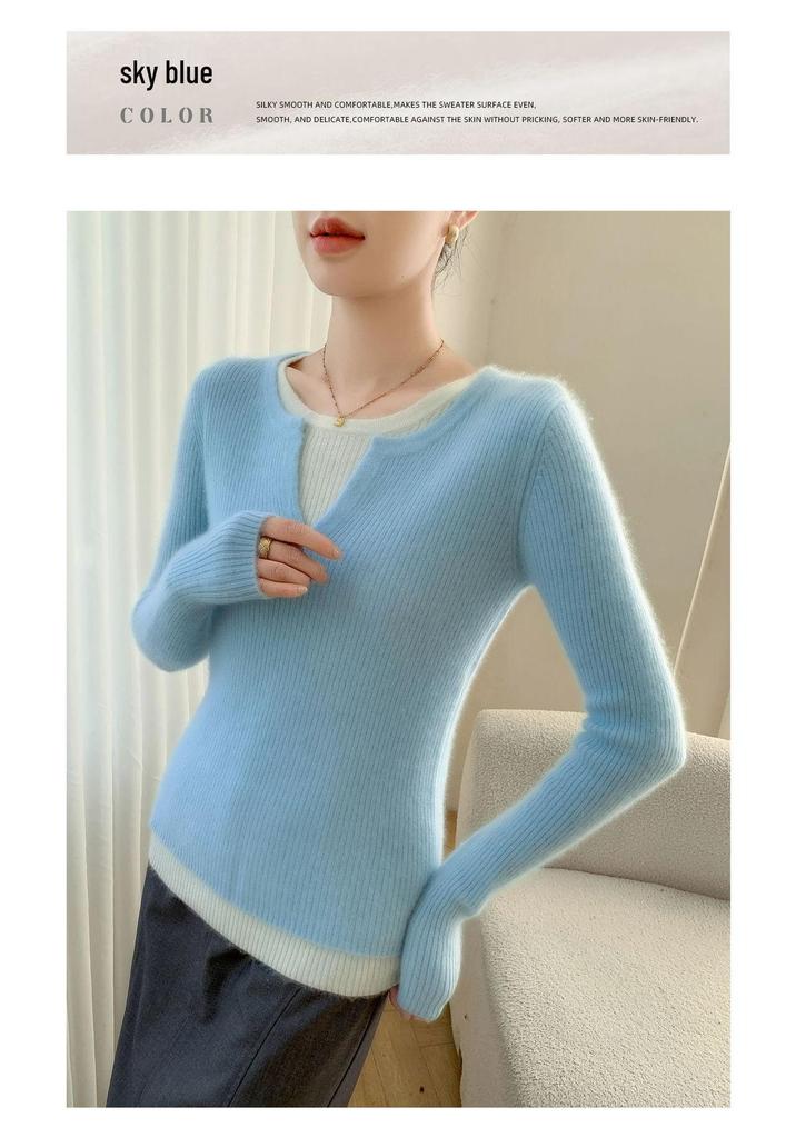 Double-Layer Striped Cashmere Knit Sweater with Mixed Neckline for Ladies