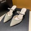 Fashion 2024 Summer New Fashion Rhinestone Pointy Women's Mid-heel Slippers Thin Heels Pointy with Pearl Lightweight High-end