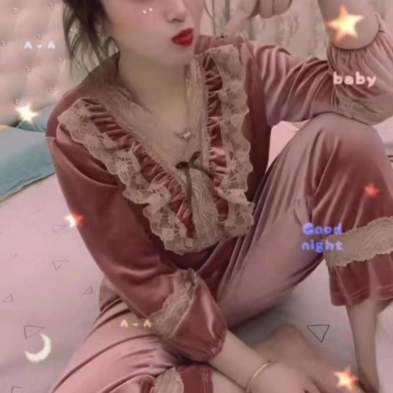 Новая осенне-зимняя пижама, женский золотой бархатный костюм, свободная домашняя одежда, кружевной воротник-стойка, большой размер, домашняя одежда в корейском стиле