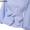 VONDA Женские винтажные рубашки с открытыми плечами и длинным рукавом в полоску с галстуком-фонариком