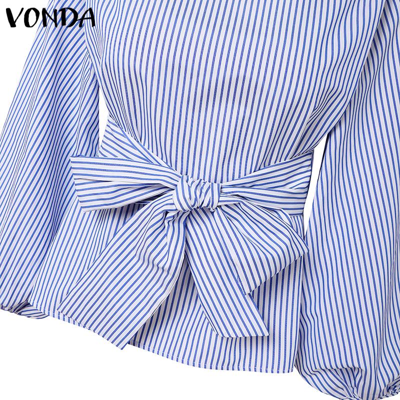 VONDA Женские винтажные рубашки с открытыми плечами и длинным рукавом в полоску с галстуком-фонариком