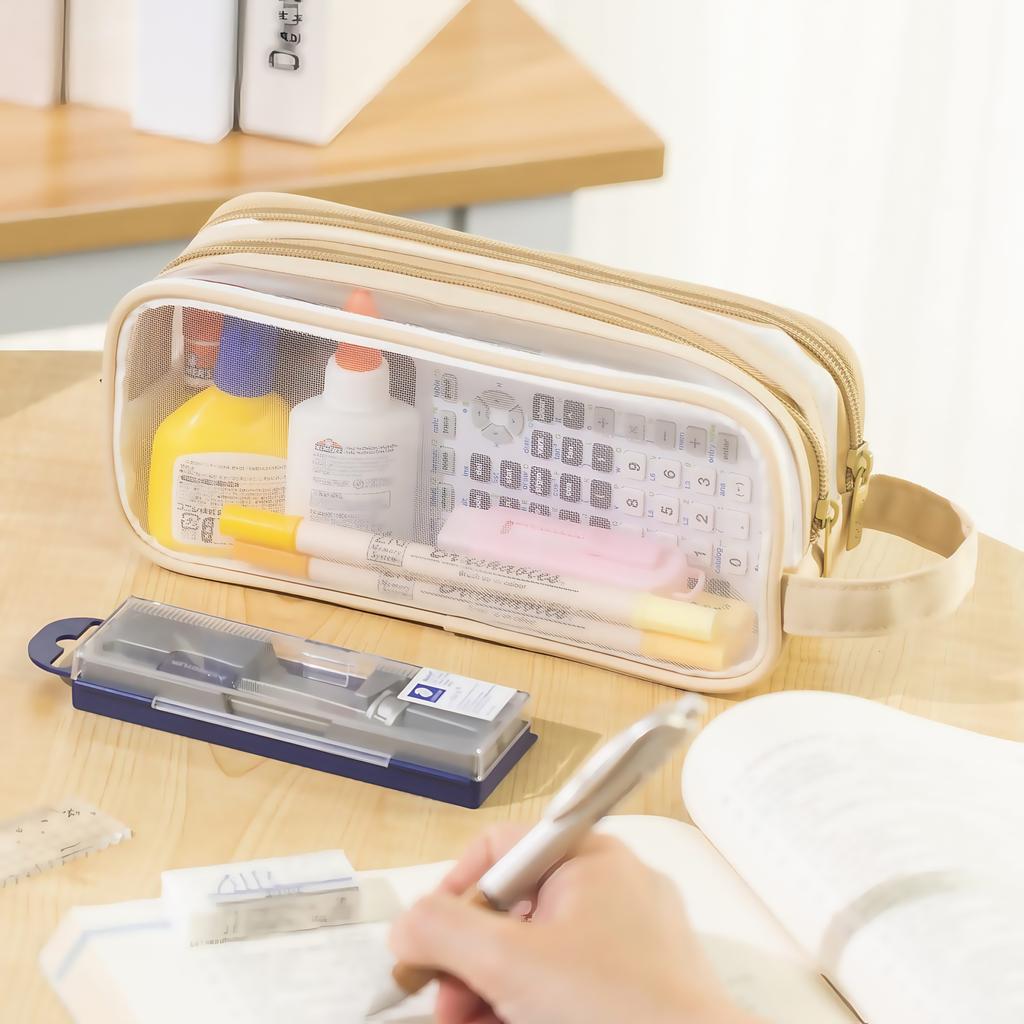 Large Mesh Pencil Case Double Layer Pencil Bag Transparent, Portable Multifunctional Cosmetic Bag, Student Office Essentials