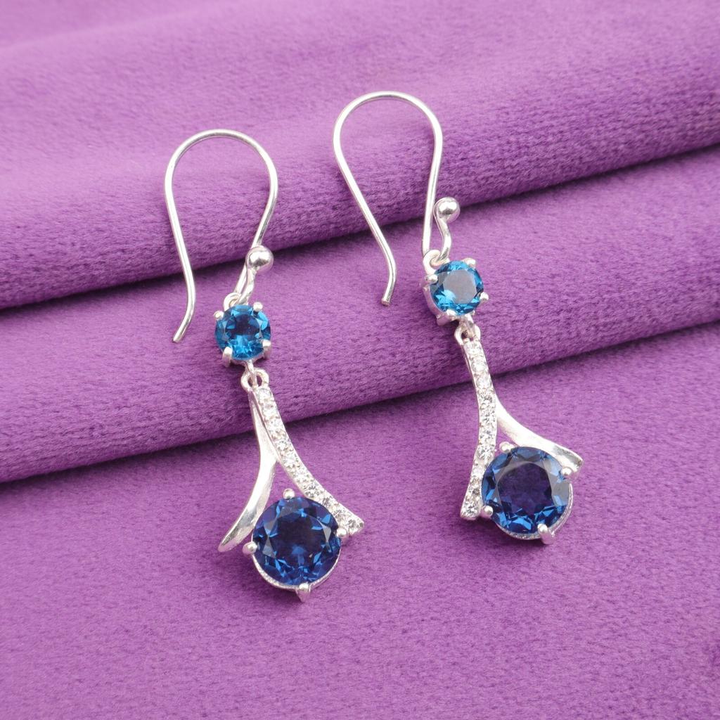 London Blue Topaz Gemstone 925 Stamped Silver Jewelry Zircon Hook Earrings 1.84" CZE-9-10