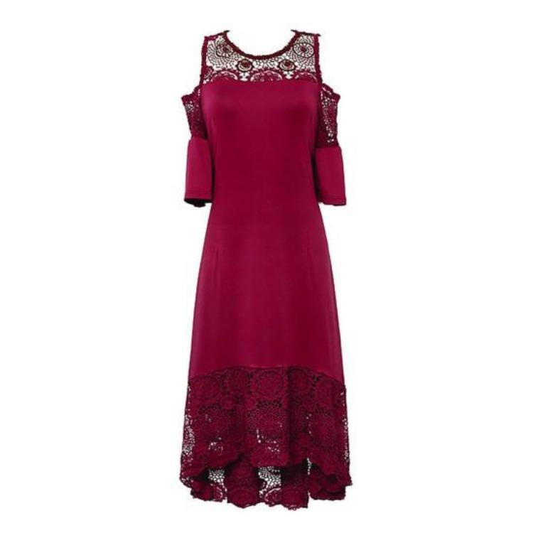 Платье с расклешенной юбкой и открытыми плечами, большого размера для женщин, с высокой талией, вышивкой, кружевной вставкой, короткими рукавами