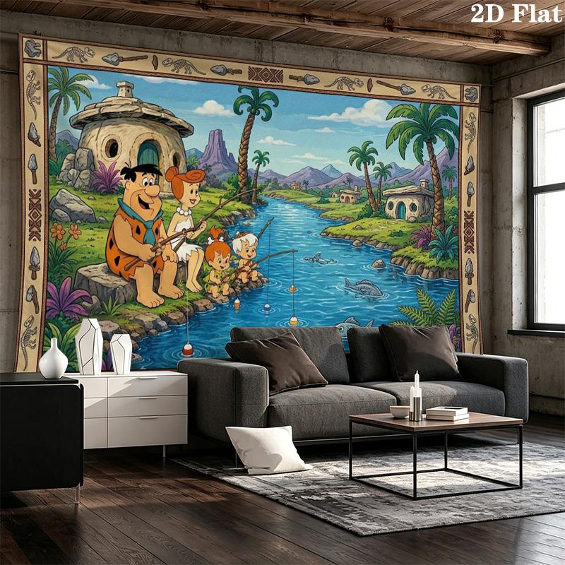 The Flintstones Cartoon Wall Tapestry Aesthetic Wall Hanging Printed Fabric Blanket Decorative Tapestries for Bedroom Living Room Home Decor