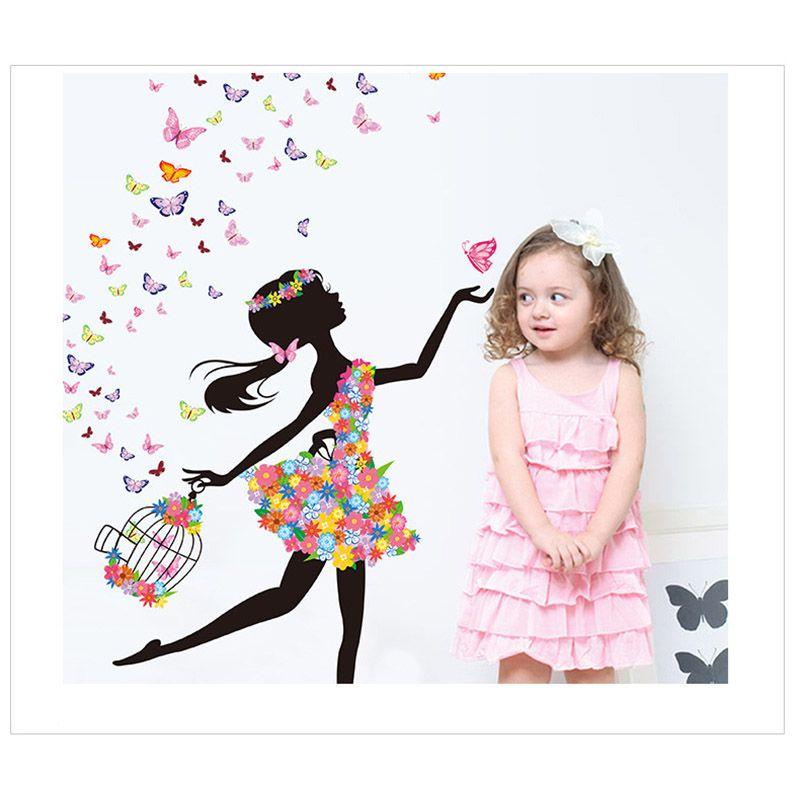 Очаровательные ПВХ наклейки на стену с рисунками девочки, бабочек и цветов для детской комнаты