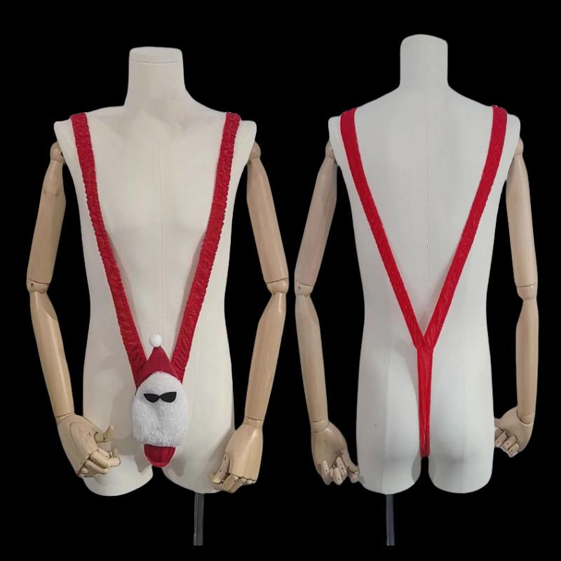 Мужской косплей Санта-Клауса Боди с V-образным вырезом и подтяжками