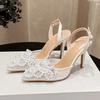 Pearls Decorative Lace Mesh High Heels Women Sexy Pointed Toe Thin Heeled Sandals Fashion Slingbacks Party Dress Shoes for Women