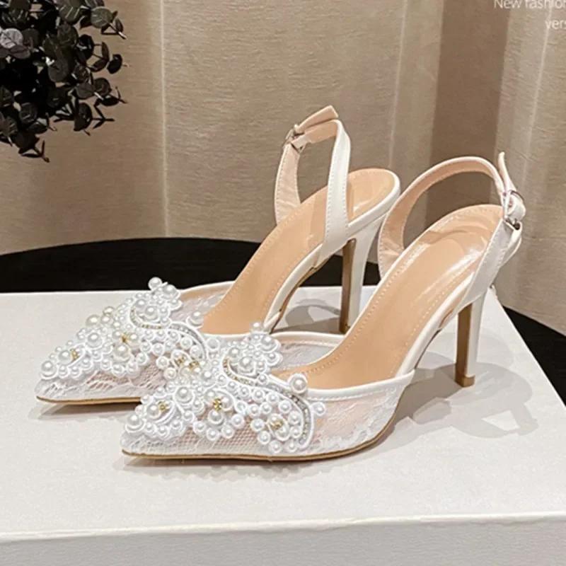 Pearls Decorative Lace Mesh High Heels Women Sexy Pointed Toe Thin Heeled Sandals Fashion Slingbacks Party Dress Shoes for Women