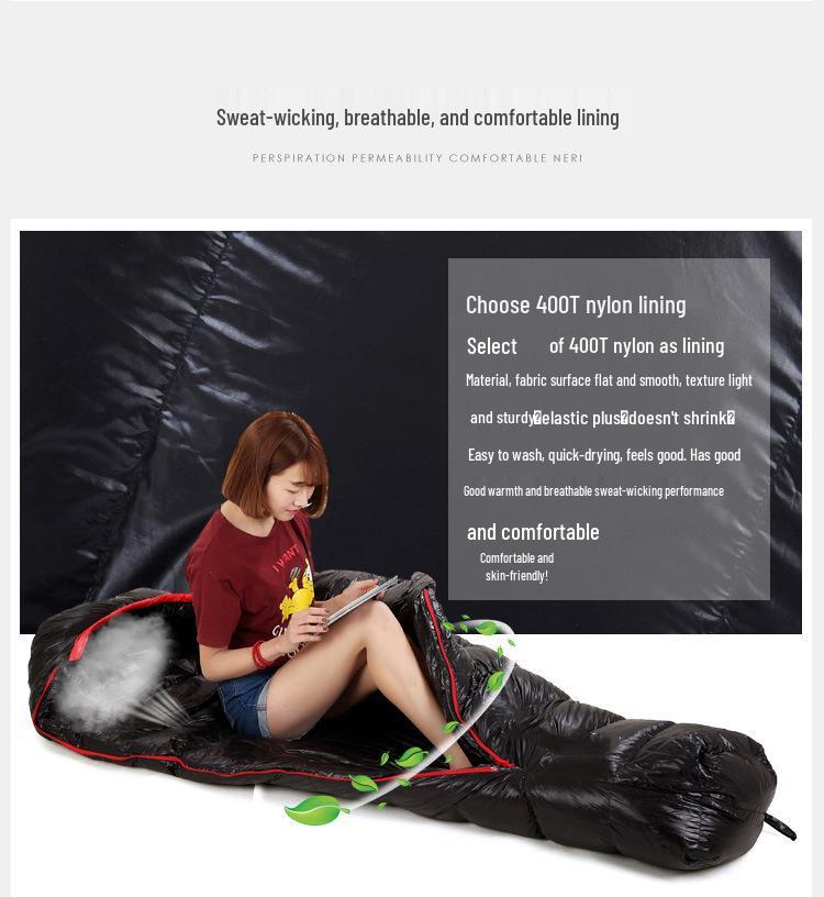 Сверхлегкий спальный мешок-мумия с утиным пухом: Теплый, Утолщенный, для Взрослого Кемпинга на Открытом Воздухе