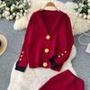 Осень Зима Женский Повседневный Вязаный Свитер Брюки Костюм из Двух Предметов Большая Золотая Пуговица Однобортный Пиджак Топы и Брюки с Эластичной Талией Спортивный Костюм