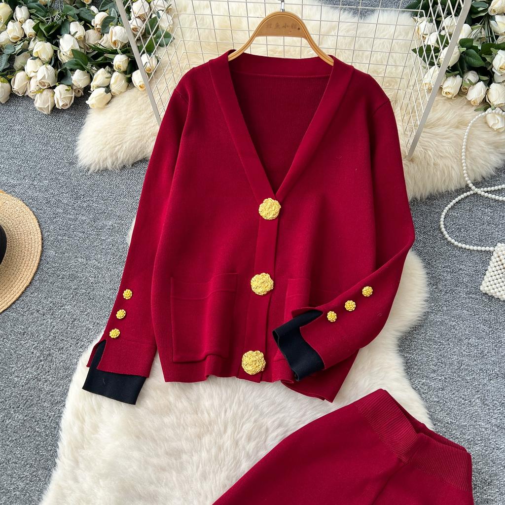 Осень Зима Женский Повседневный Вязаный Свитер Брюки Костюм из Двух Предметов Большая Золотая Пуговица Однобортный Пиджак Топы и Брюки с Эластичной Талией Спортивный Костюм