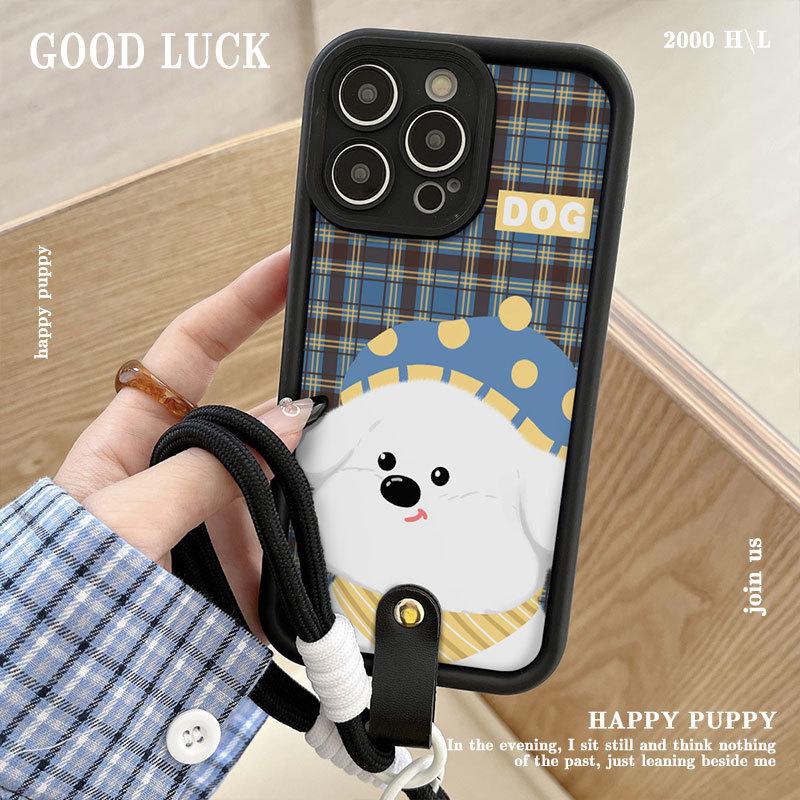 New Checked Puppy Soft Shell Suitable for Apple 16promax Mobile Phone Case Lanyard Iphone15 14 Protection Case