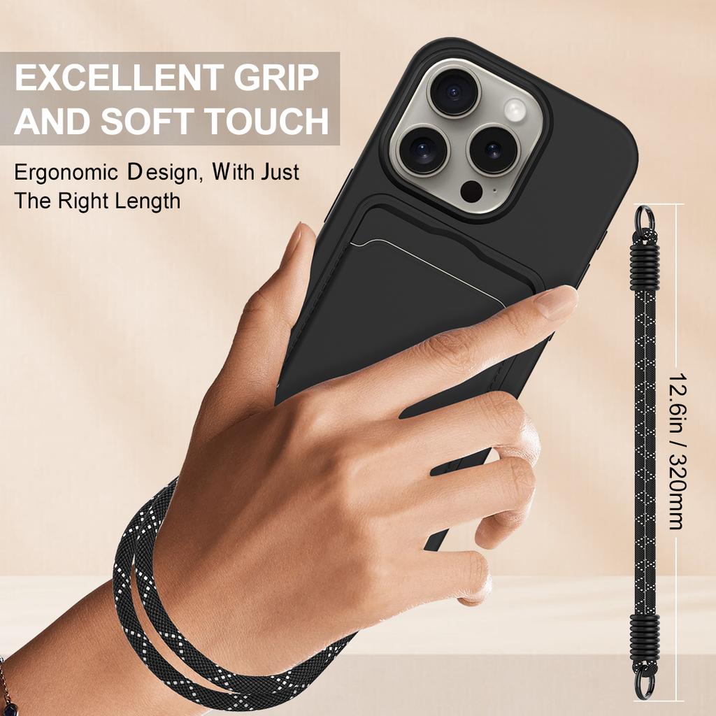 For iPhone 15 Pro Max Liquid Silicone Case Phone Back Cover with Card Holder and Short Strap