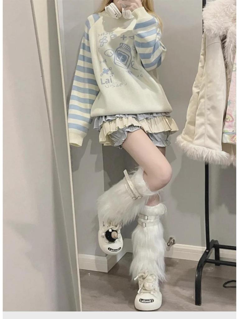 Синий полосатый вязаный свитер Y2K с длинными рукавами - женский осенне-зимний топ с круглым вырезом.