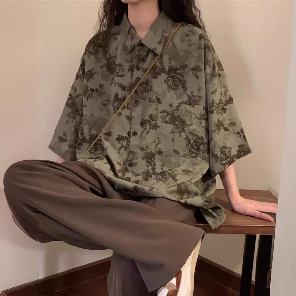 Vintage Japanese Retro Hong Kong Style Floral Short-Sleeve Shirt - Unisex Loose Casual Design