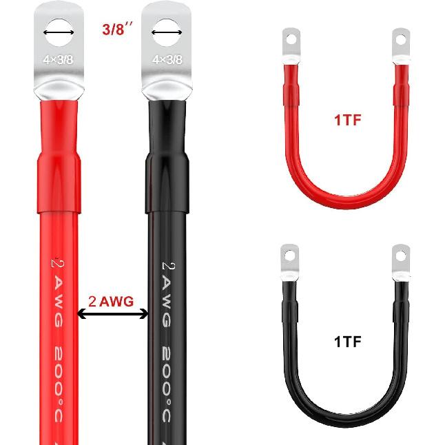 2 AWG Gauge Red + Black 1Ft Parallel Battery Power Inverter Cables For Solar, Auto, RV & Marine (Set)