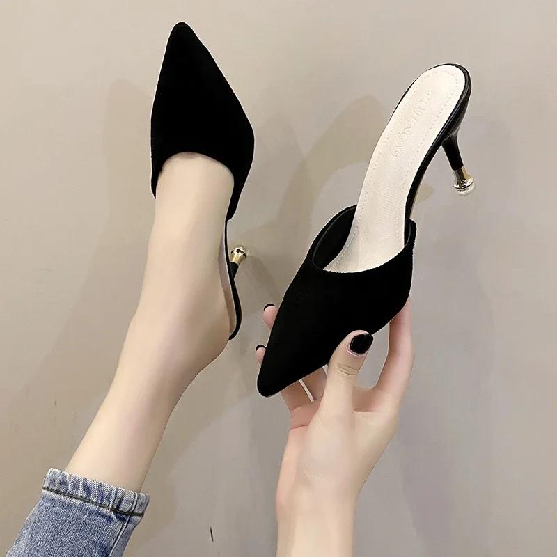 Fashion Shoes for Women Fashion Closed Toe Slingbacks Women's Slippers Spring Pointed Toe Shallow Solid Stilettos or Thin Heels Slippers