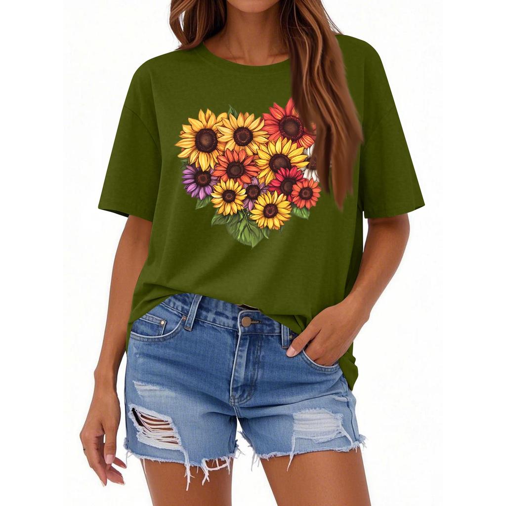 Women's Casual Loose Printed T-shirt Round Neck Pullover Short Sleeved Top