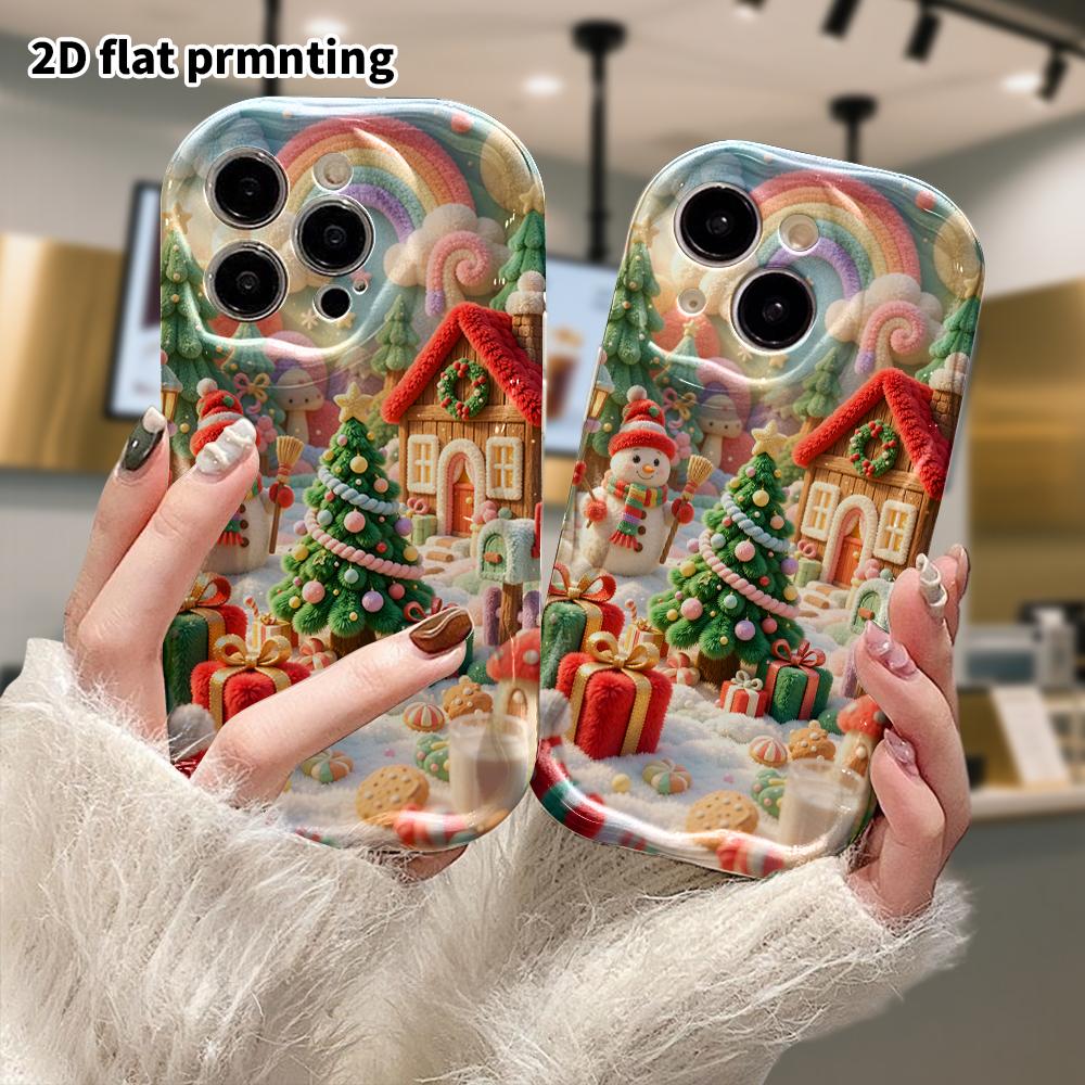 Phone case: 2D flat, suitable for iPhone 18, 17, 16, 15, 14, 13, 12 Pro protective cases, rainbow Christmas village, perfect holiday gift for Christma